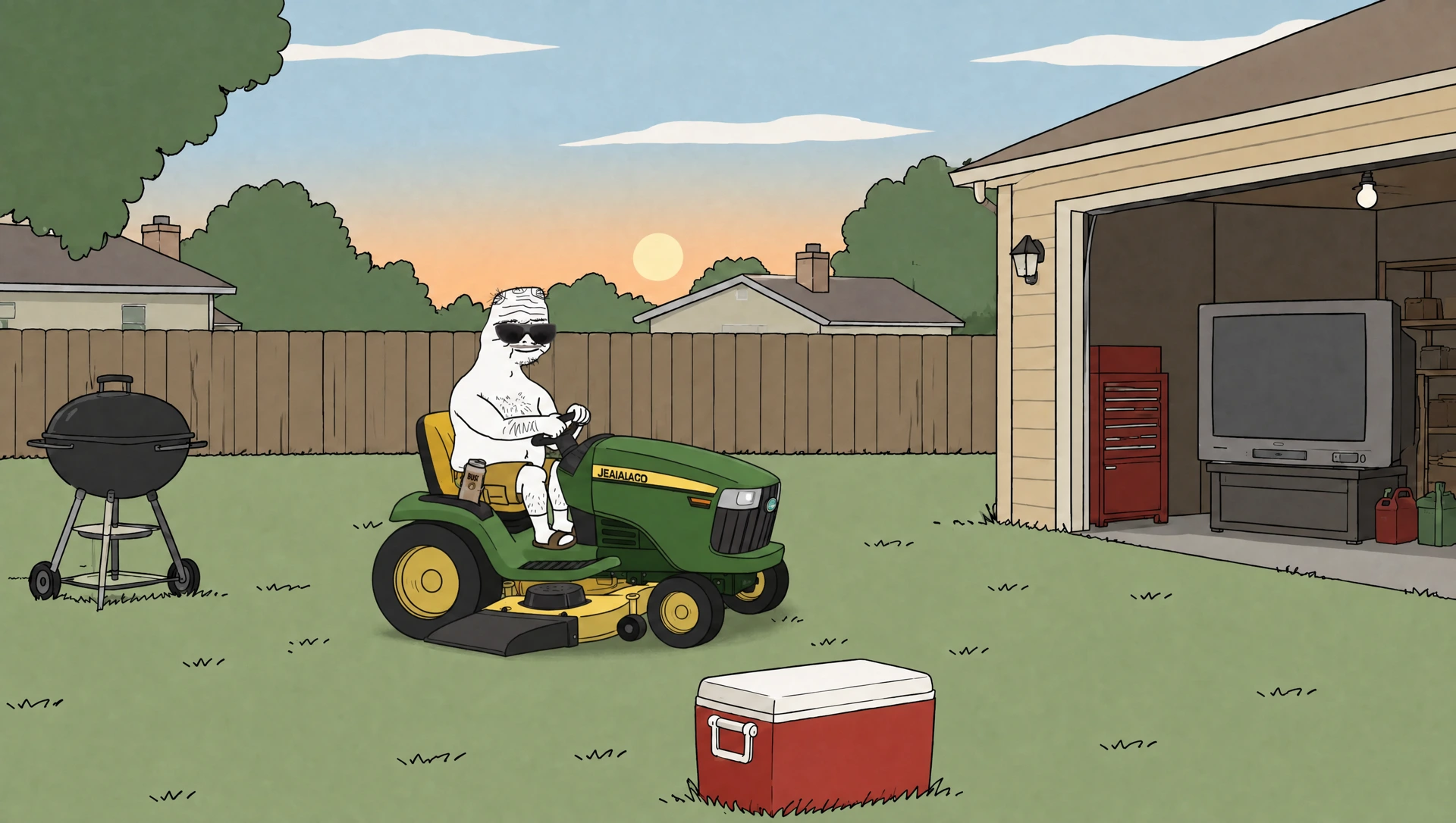 UNC in his original Wojak style, sitting on his green mower beside the grill, cooler, and open garage
