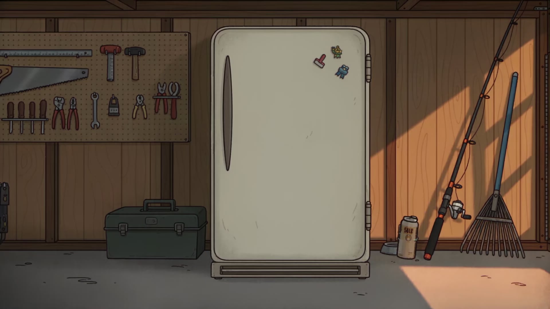 UNC's garage, with the fridge ready to open