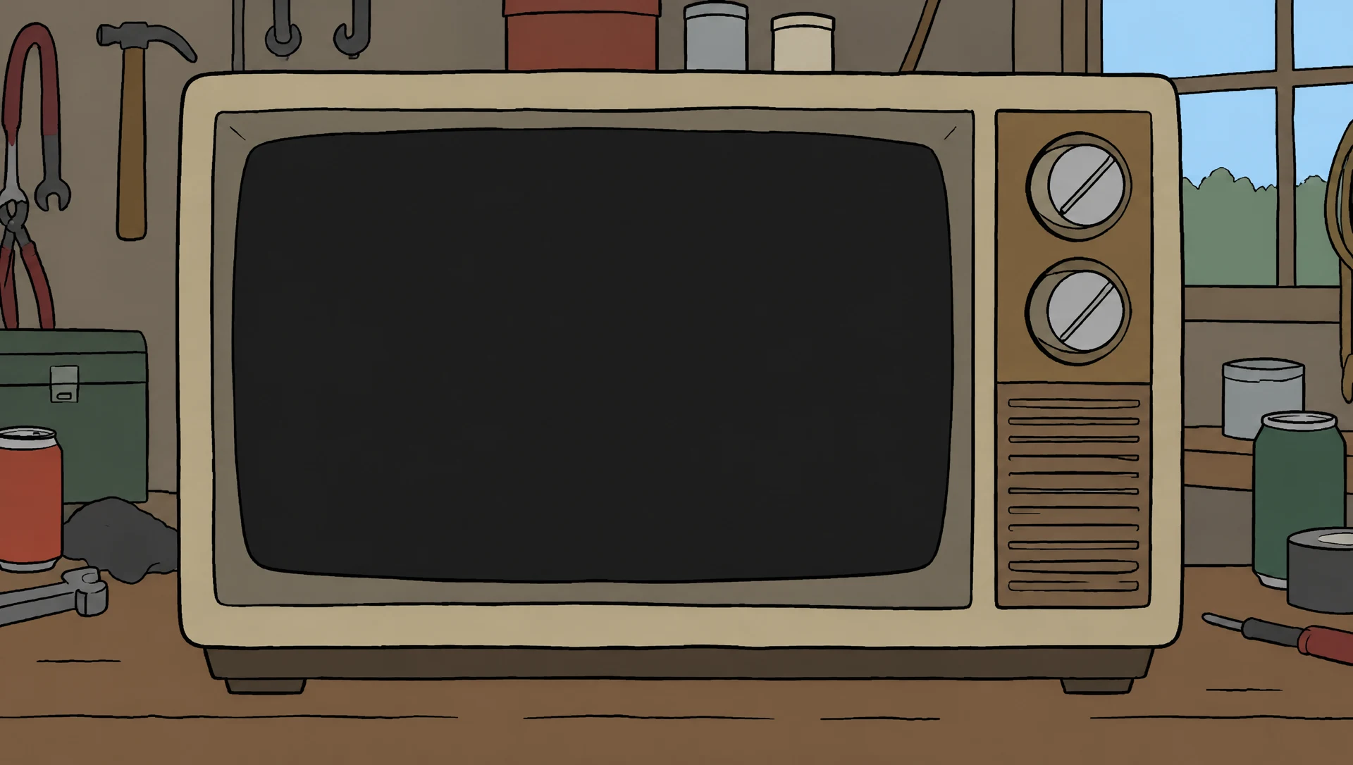 A vintage television on UNC's garage workbench