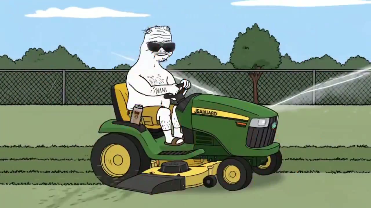 UNC in sunglasses cruising across the yard on a green riding mower